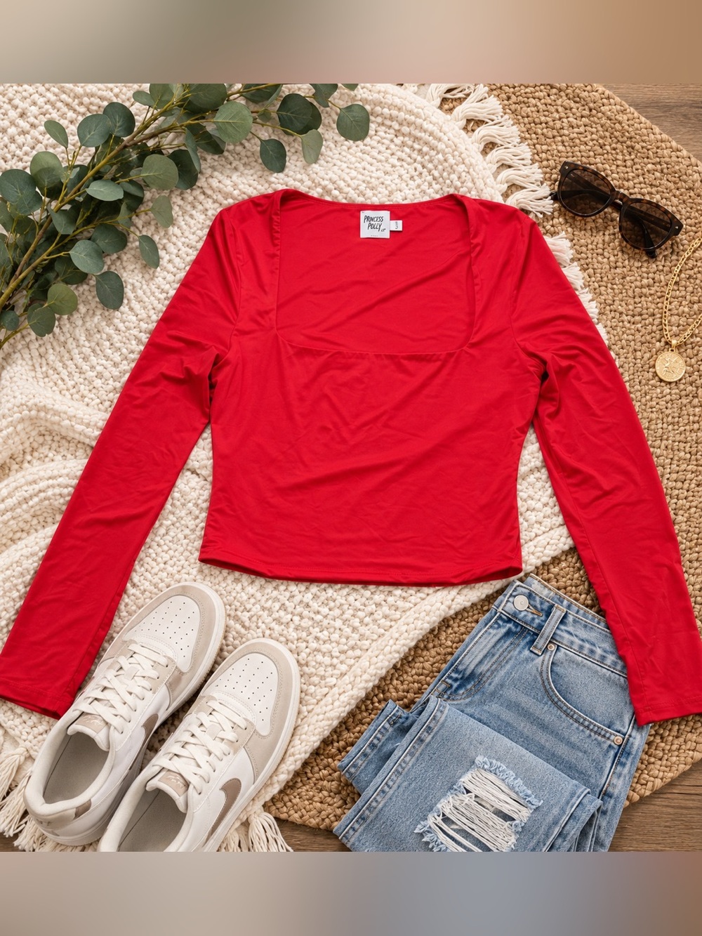Princess Polly Red Square Neck Long Sleeve Crop Top Size 8 Fitted Stretch